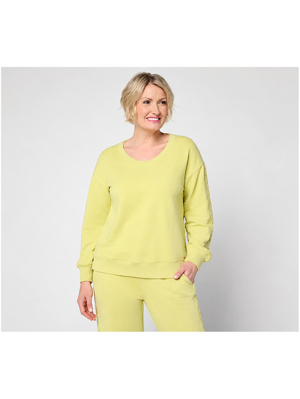 Peace Love World Boheme V-Neck Sweatshirt with Crochet Trim Mojito Green, Large